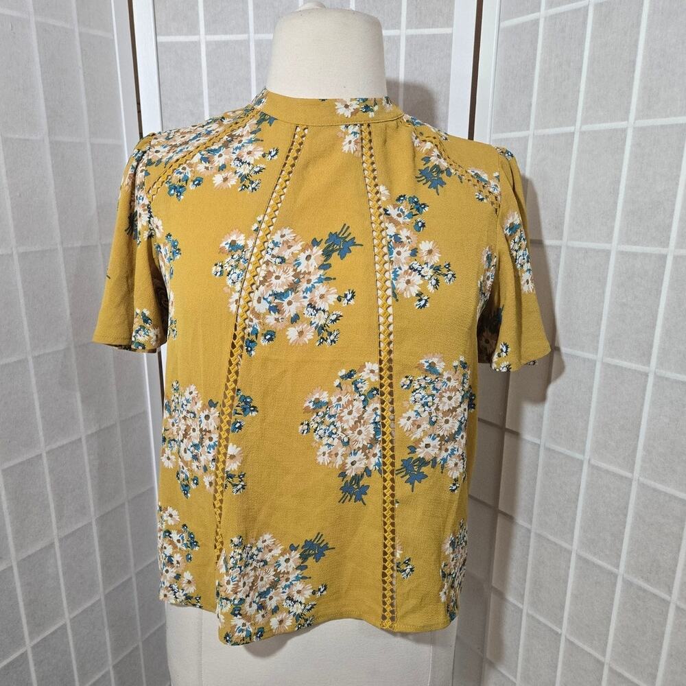 June & Hudson Woman Yellow Floral Lattice Flutter Sleeves Top Blouse Size Large